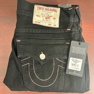 NWT True Religion Mens 31x34 Ricky SN Flap Straight Jeans Black/pink Horseshoe